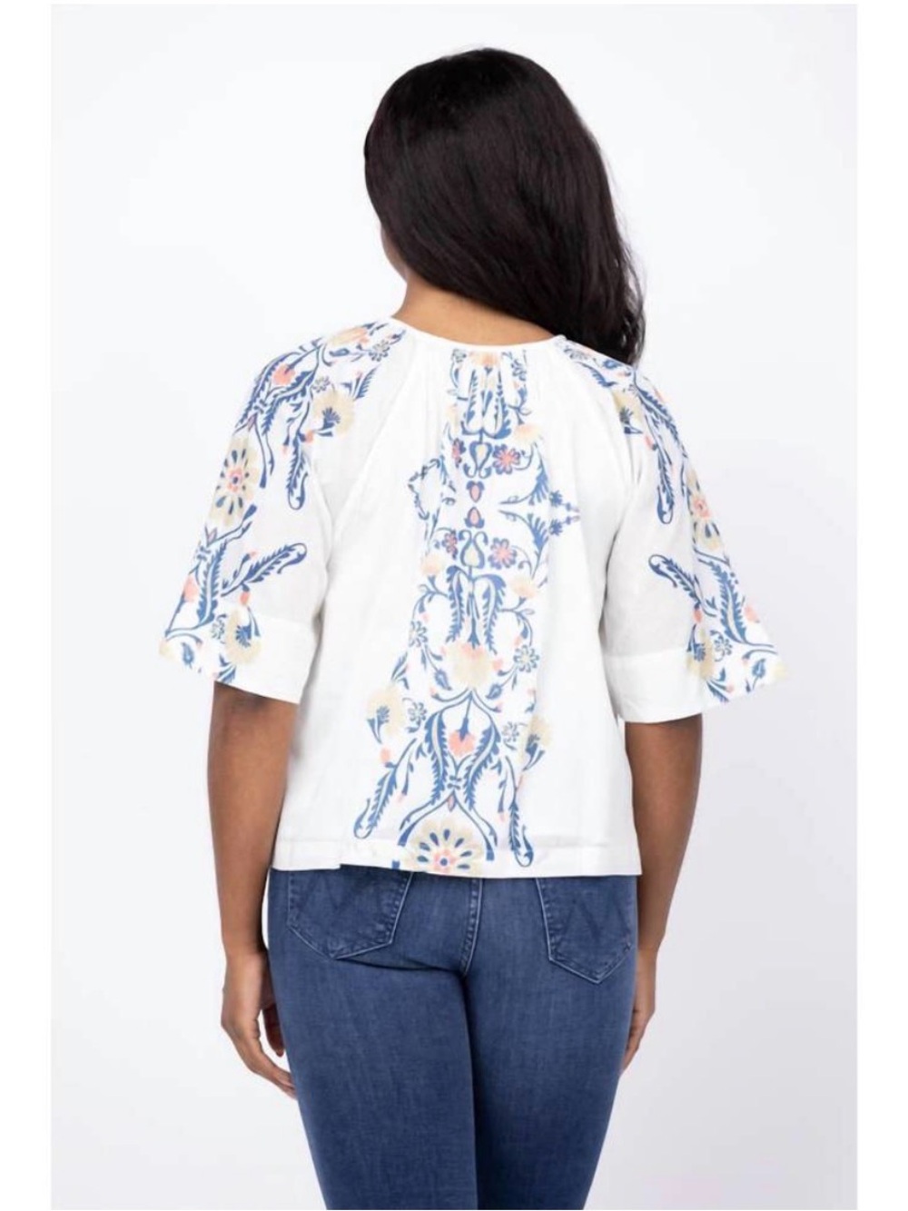 Cleobella white floral tie neck peasant blouse, size M - Picture 3 of 7
